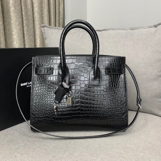 YSL Saint Laurent Sac De Jour Embossed 12.5in Crocodile Black Small Travel Bag