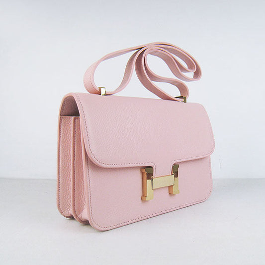 Hermes Luxury Calf Message Bag H Golden Leather Pink Travel Bag