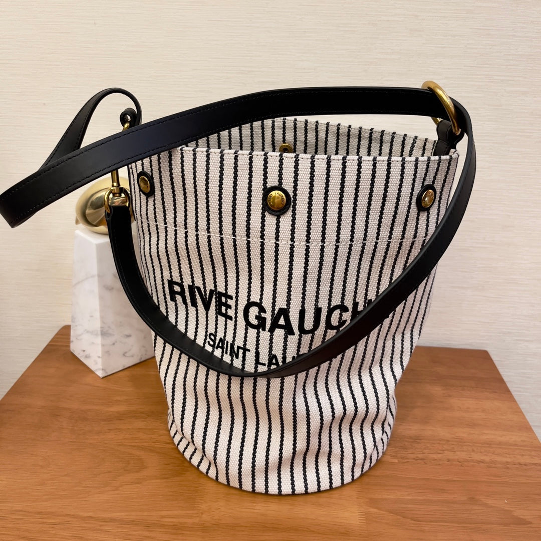YSL Saint Laurent Rive Gauche Striped 11.8in 30cm Canvas Black White Bucket Bag