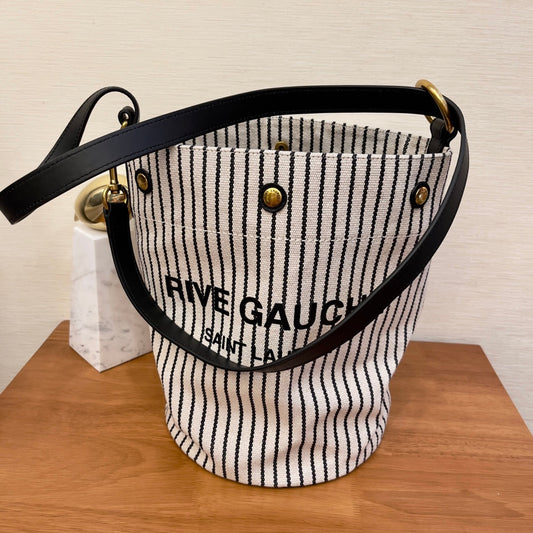 YSL Saint Laurent Rive Gauche Striped 11.8in 30cm Canvas Black White Bucket Bag