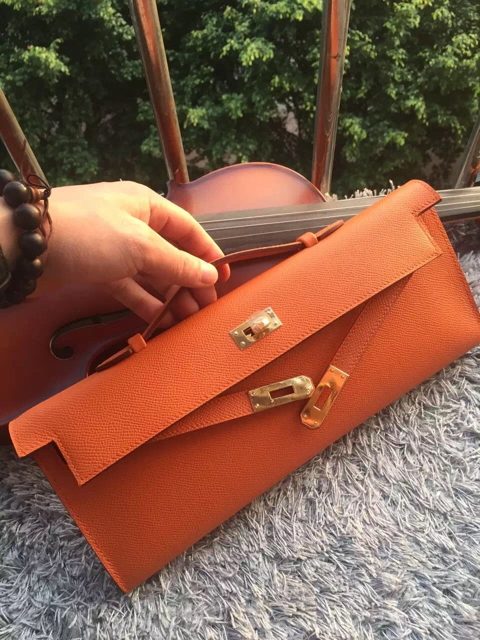 Hermes Luxury Orange Handcrafted Kelly Cut Clutch Handbag Clutch Bag