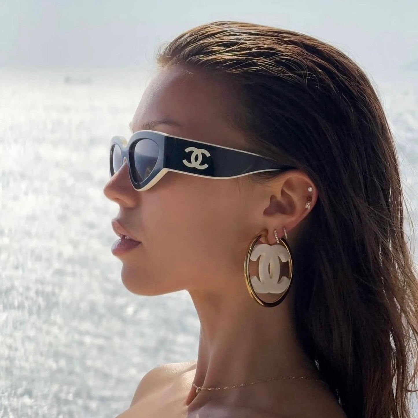 Chanel Large CC Logo Hoop Clip-on Earrings with White Enamel in GHW Jewelry