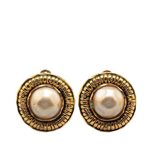 Chanel Gold Plated Round Faux Pearl Clip Earrings Jewelry