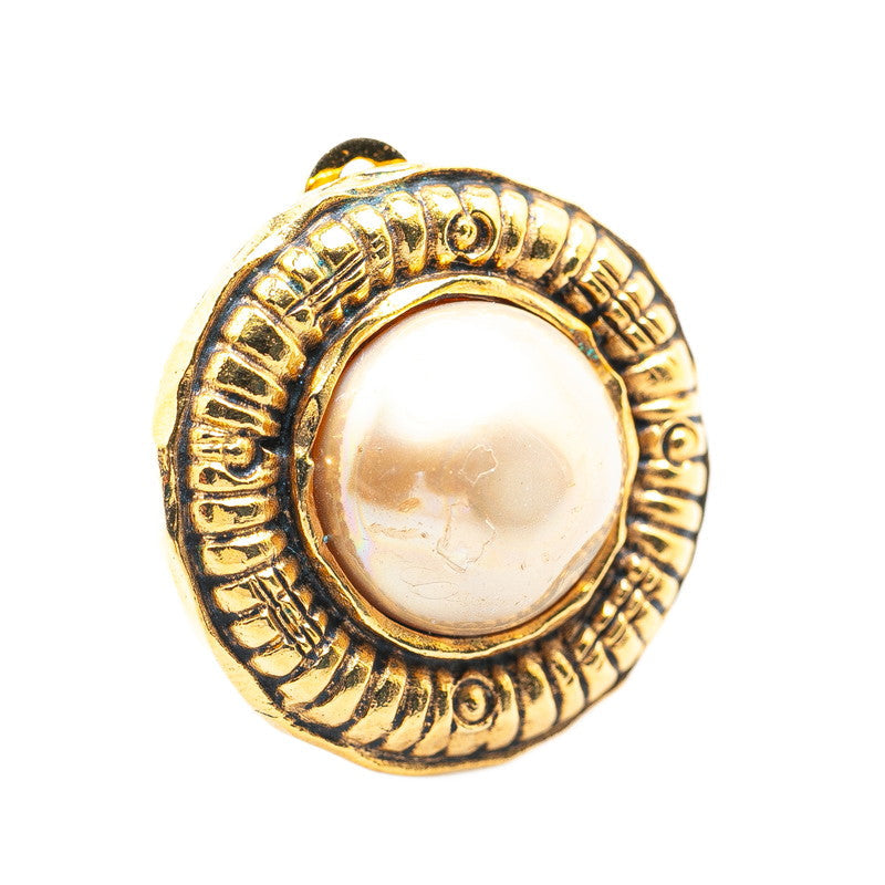 Chanel Gold Plated Round Faux Pearl Clip Earrings Jewelry