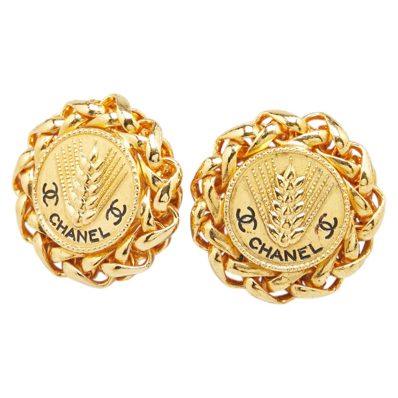 Chanel Coco Mark Wheat Motif Round Earrings Jewelry