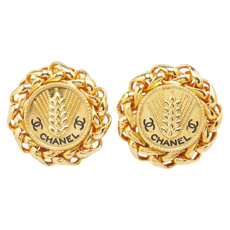 Chanel Coco Mark Wheat Motif Round Earrings Jewelry