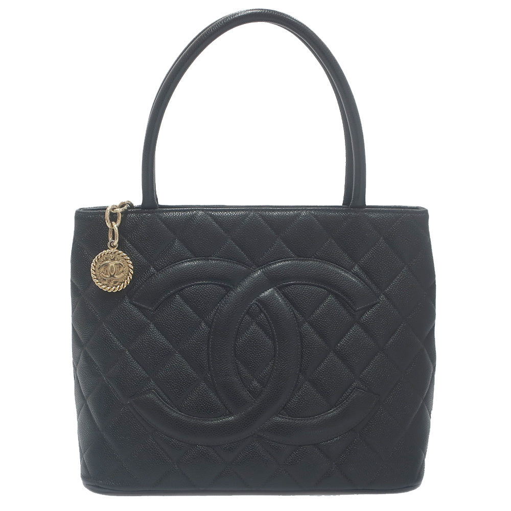 Chanel Tote Bag Caviar Skin Metal Fittings Black Gold