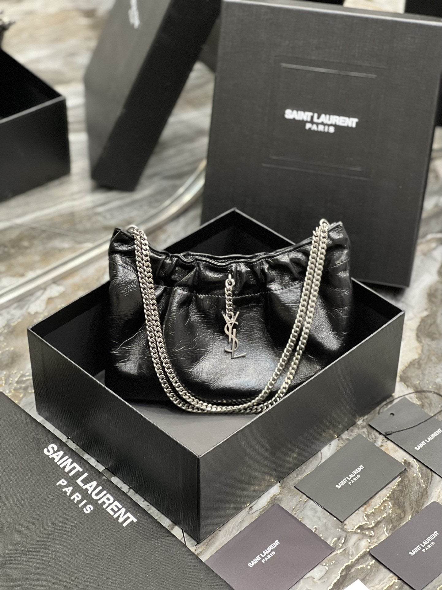 YSL Saint Laurent YSL Top Quality Hobo Bag With Hardware Black Silver Shoulder Bag