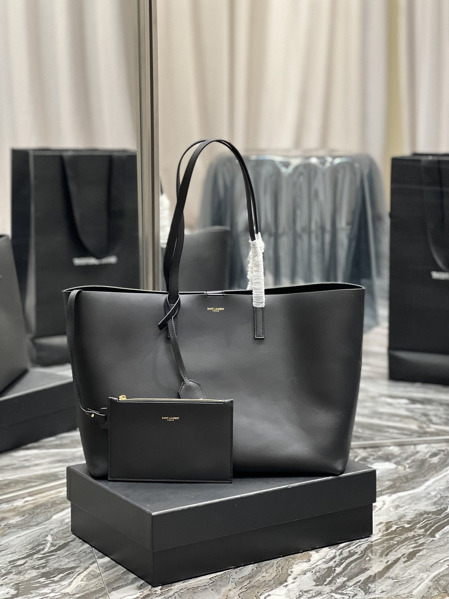 YSL Saint Laurent Shopping E W Hardware 14.5in Black Gold Tote Bag