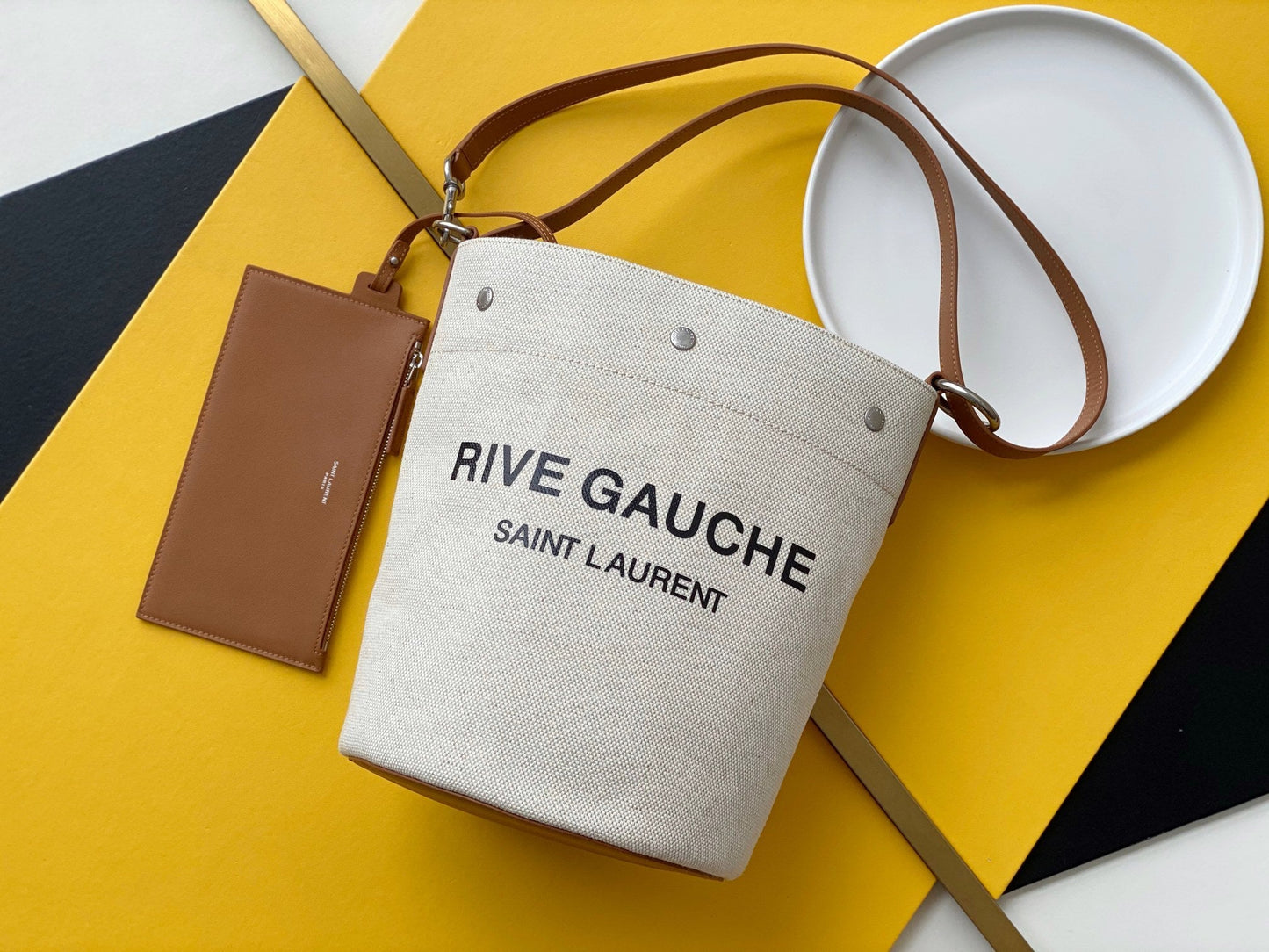 YSL Saint Laurent Rive Gauche Linen Strap 11in Brown Bucket Bag