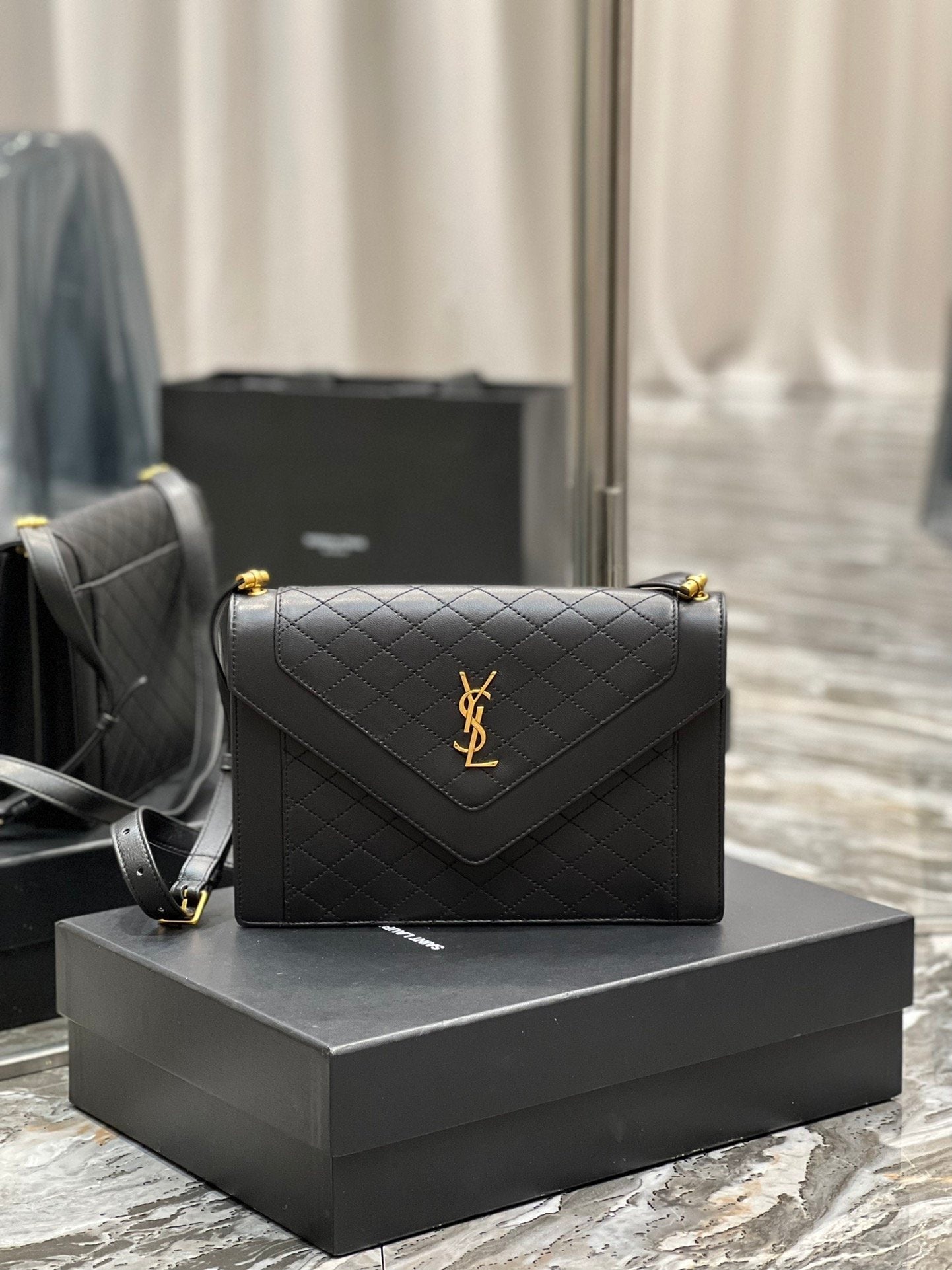 YSL Saint Laurent Gaby Toned Hardware 10in 26cm Black Gold Satchel Bag