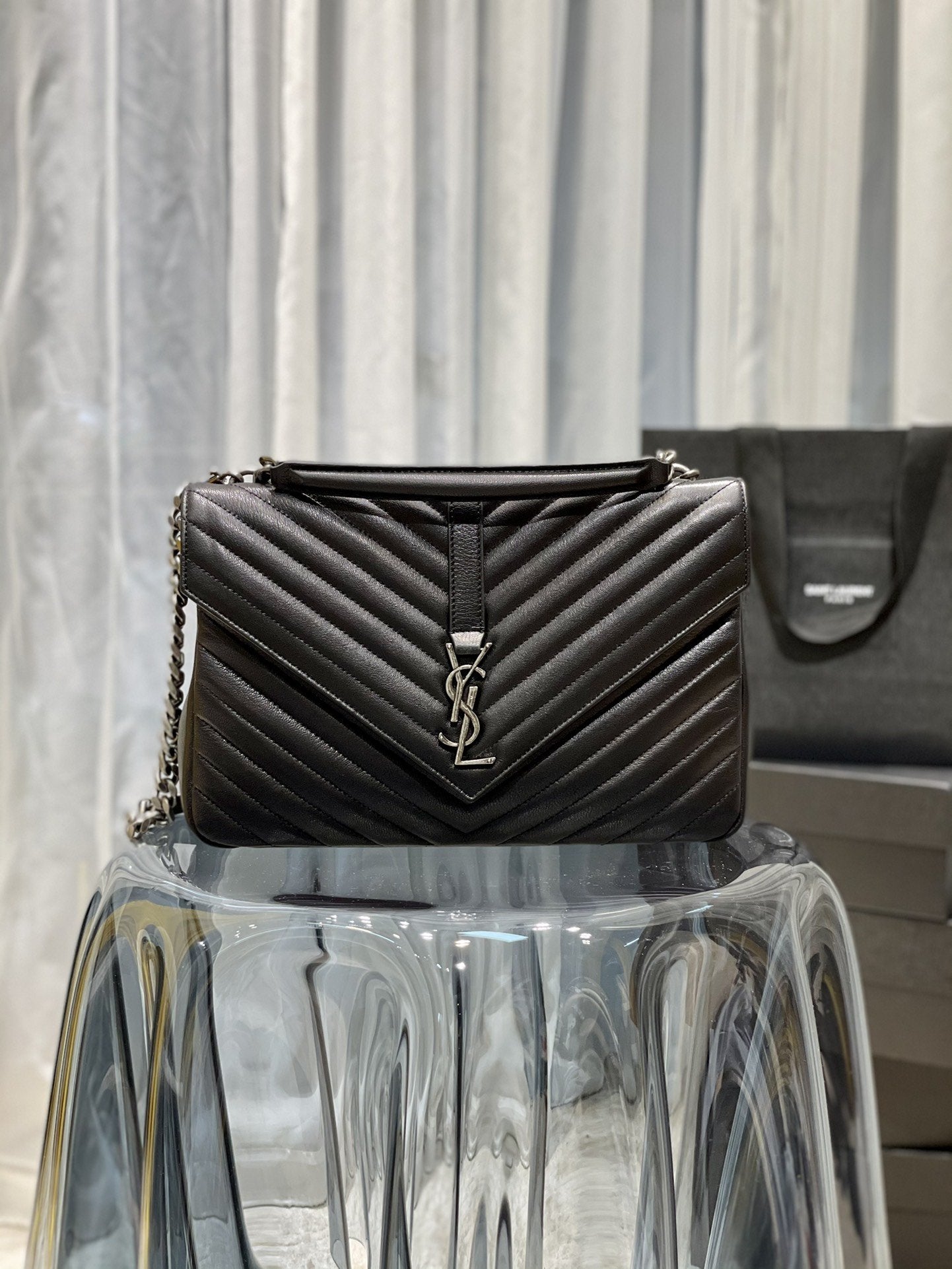 YSL Saint Laurent College TonedHardware 12in 32cm Black Silver Large Chain Handbag