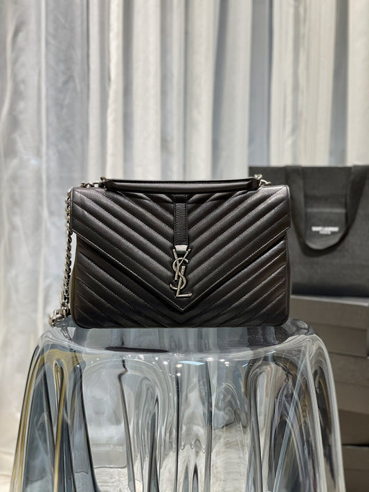 YSL Saint Laurent College TonedHardware 12in 32cm Black Silver Large Chain Handbag