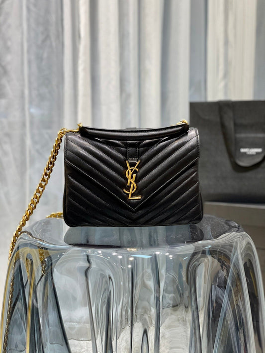 YSL Saint Laurent College Toned Hardware 9in 24cm Black Gold Medium Chain Handbag