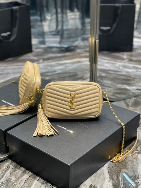 YSL Saint Laurent Lou Hardware 7in 19cm Grain De Poudre Quilted Beige Gold Mini Bag