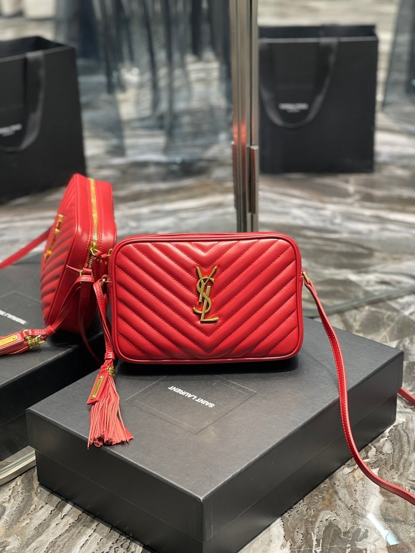 YSL Saint Laurent Lou Camera Toned Hardware 9in Red Gold Crossbody Bag