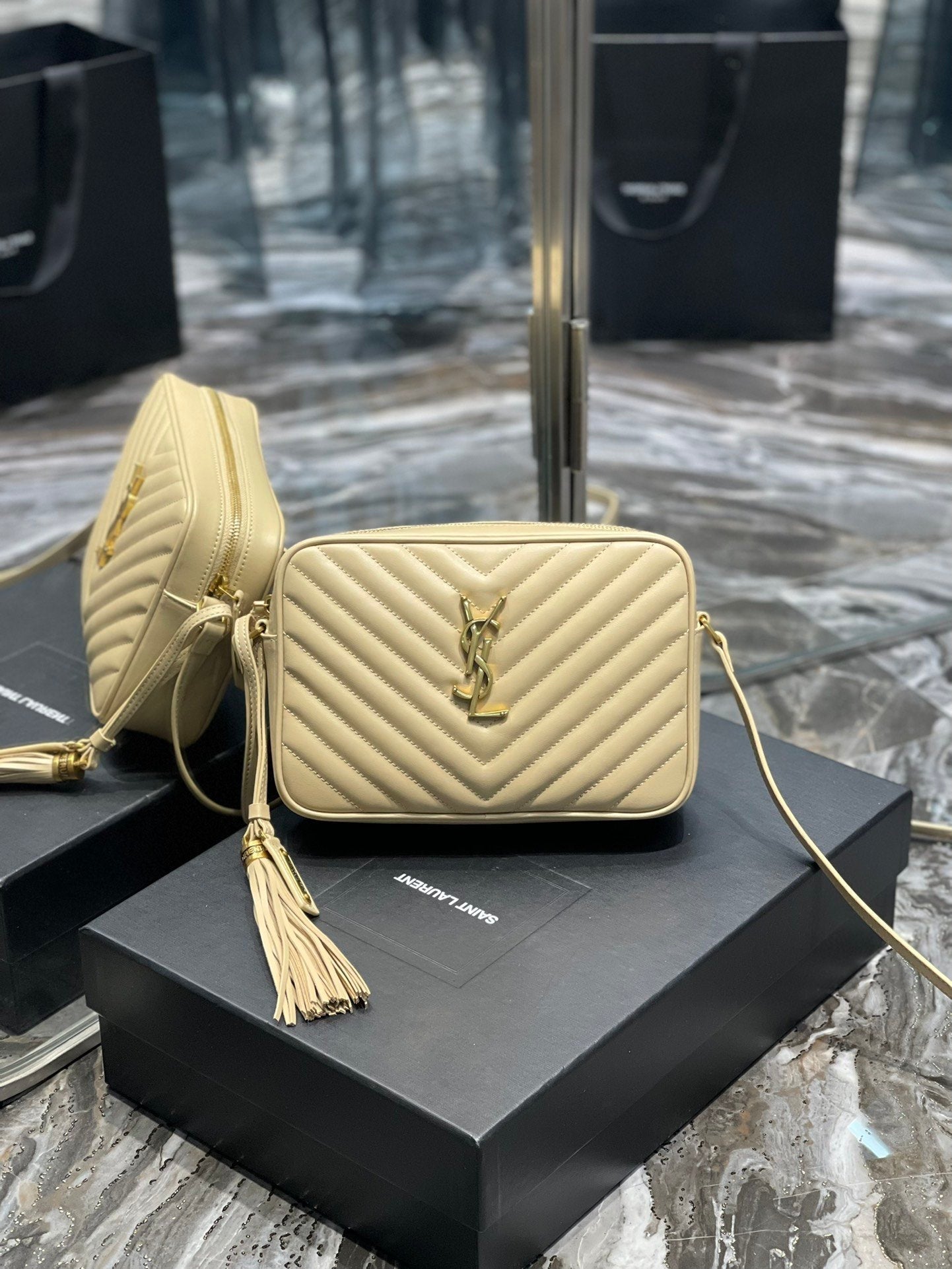 YSL Saint Laurent Lou Camera Toned Hardware 9in Beige Gold Crossbody Bag