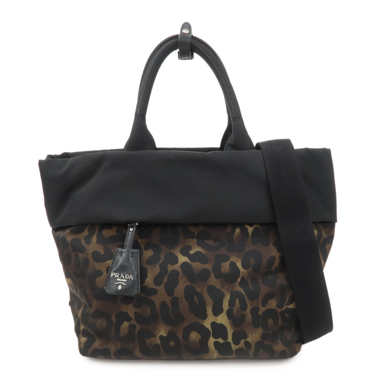 Tote Bag 2Way Hand Tote Shoulder Bag Leopard Nylon Black Logo