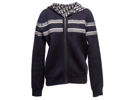 Dior Handbag & Christian Reversible Oblique Cashmere Hoodie White Navy Zip