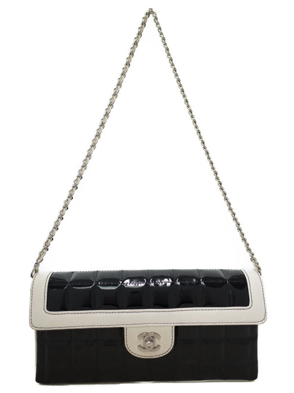 Chanel Patent Chocolate Bar Chain Shoulder Bag Leather Black