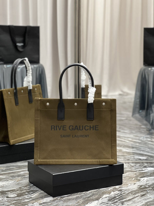 YSL Saint Laurent Rive Gauche Linen Khaki 15in Brown Small Tote Bag