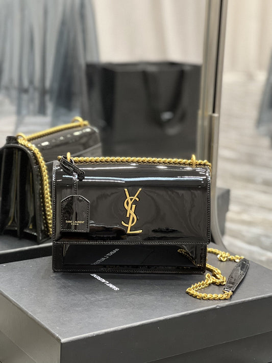 YSL Saint Laurent Sunset 8in 22cm Black Medium Chain Handbag Black Ysl