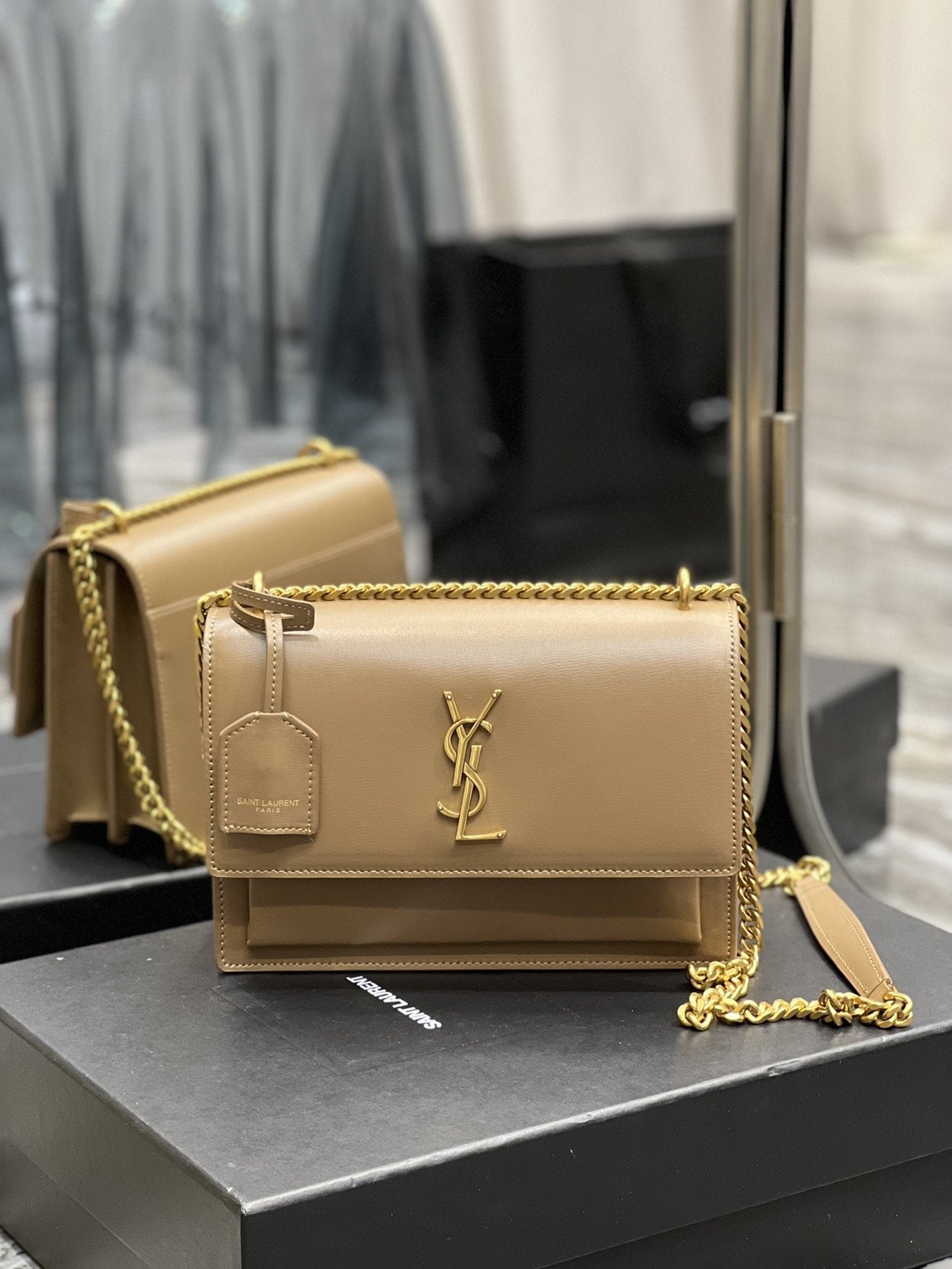 YSL Saint Laurent Sunset Handbag Chain Travel Bag 86In22Cm Dark Beige