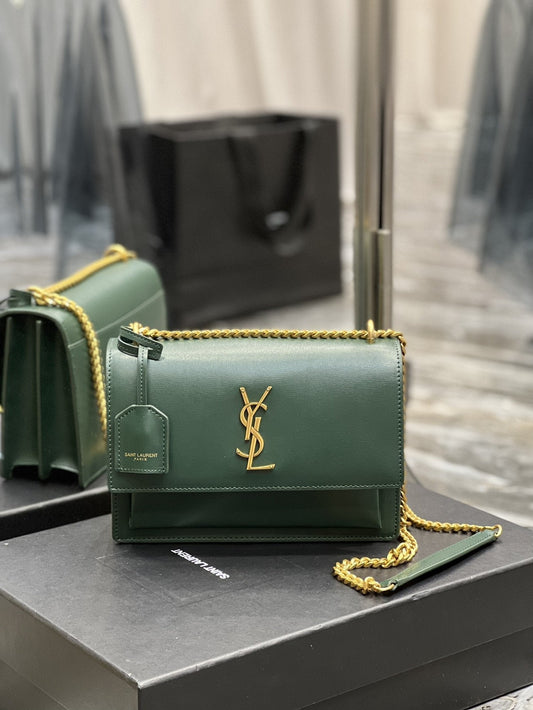 YSL Saint Laurent Sunset 8in 22cm Green Medium Chain Handbag