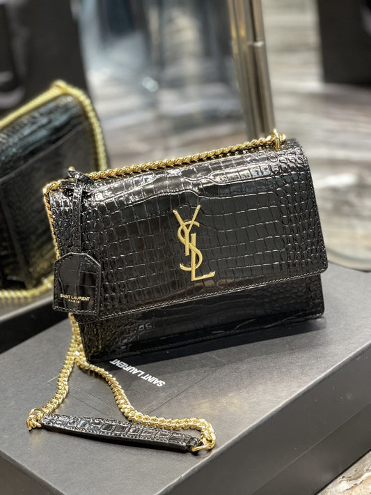 YSL Saint Laurent Sunset 8in 22cm Black Medium Chain Handbag Ysl 442906Dnd0J1000