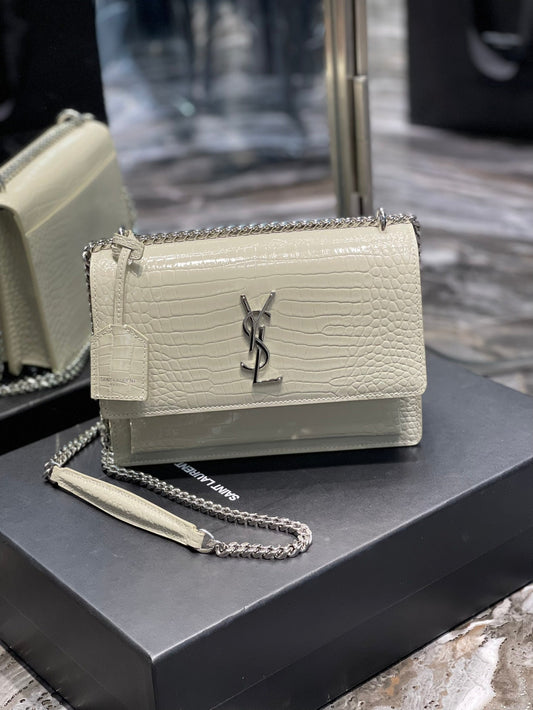YSL Saint Laurent Sunset 8in 22cm White Medium Chain Travel Bag