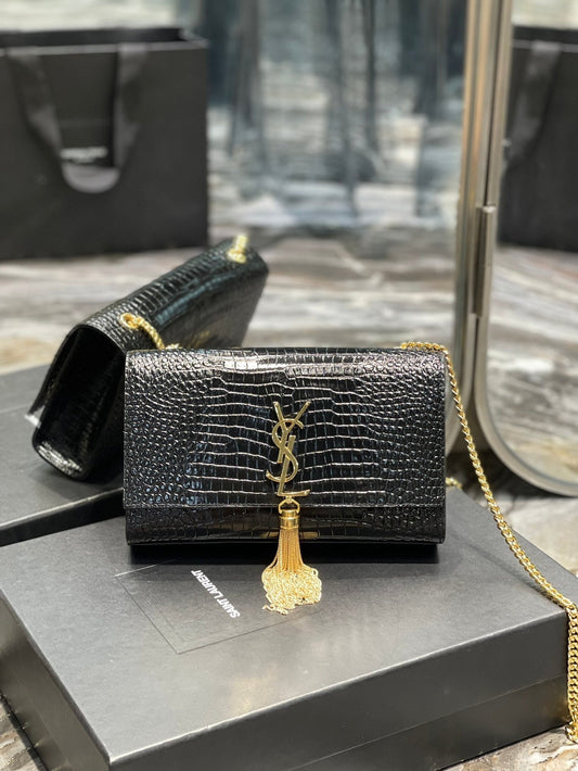 YSL Saint Laurent Kata Tassel 9in 24cm Black Medium Chain Handbag Ysl 354119Dnd0J1000