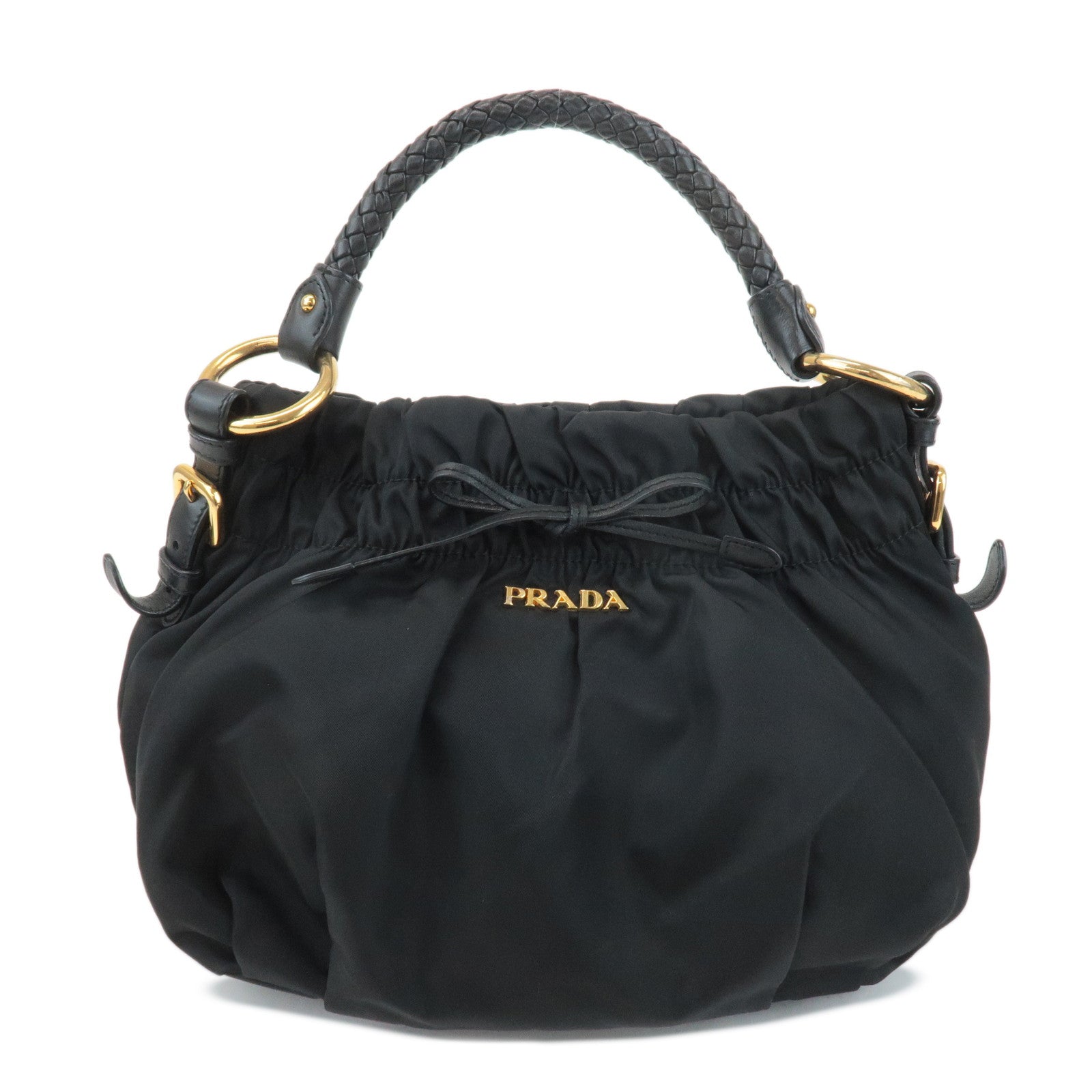 Prada Shoulder Bag Ribbon Hand Bag Leather Nylon Black