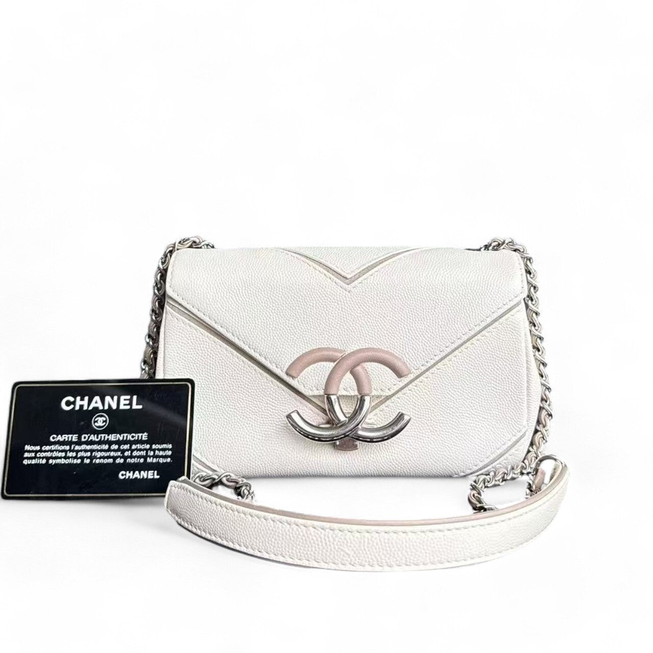 Chanel CC Flap Bag - 17CM Caviar Chevron White Silver Mini Bag