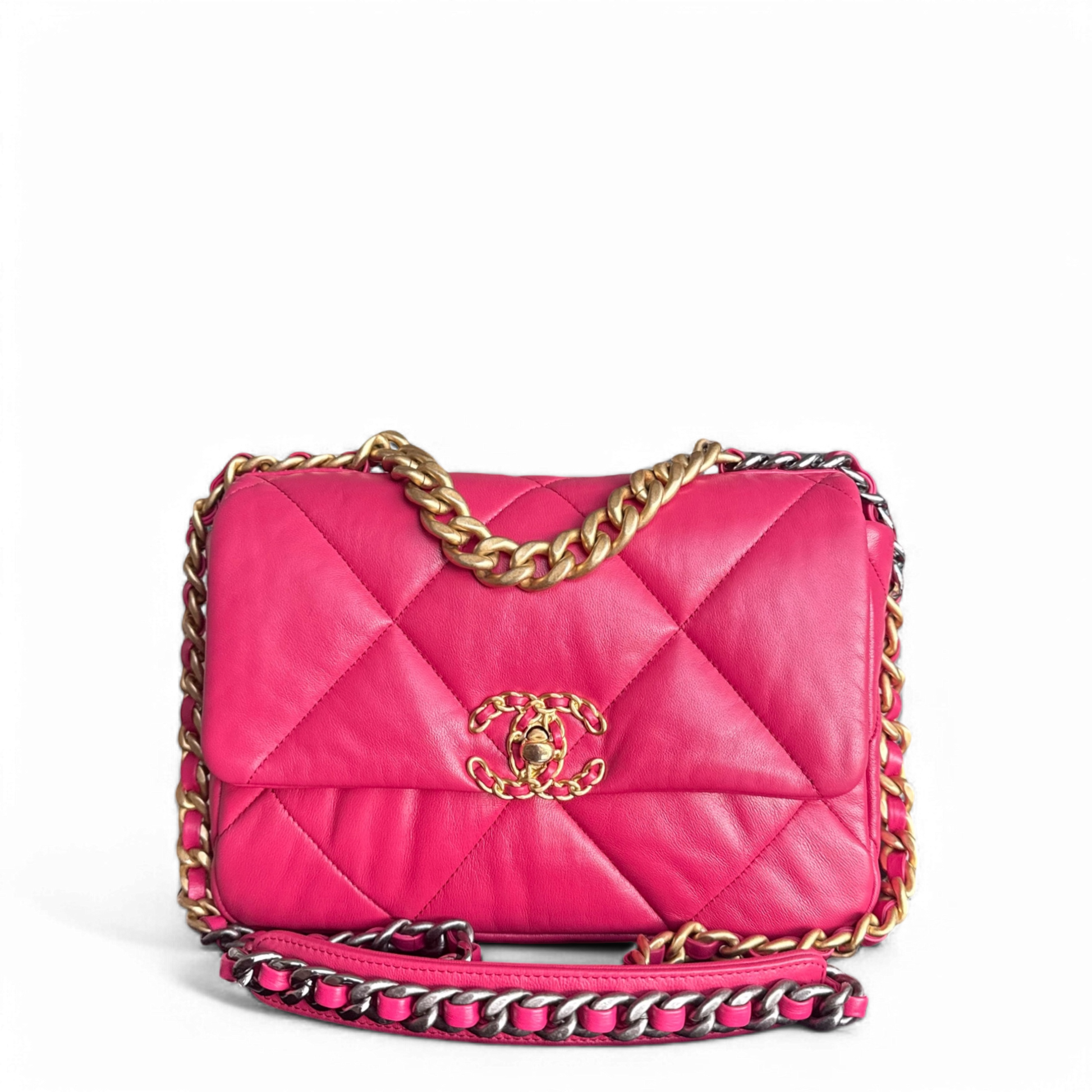 Chanel 19 Bag Small - Quilted Goatskin Hot Pink Two-tone Gold Hardware Series 29