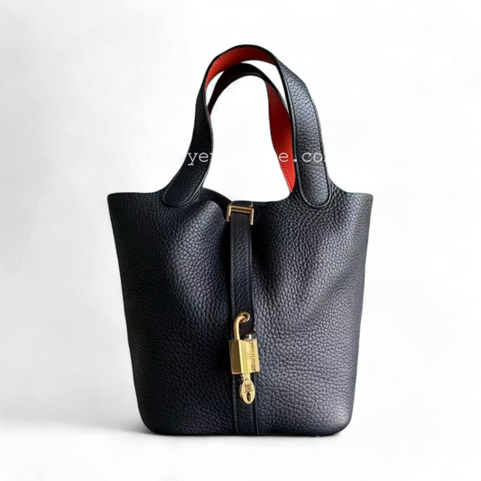 Hermes Picotin Stamp Clemence Midnight Hardware Handbag Blue Gold Travel Bag