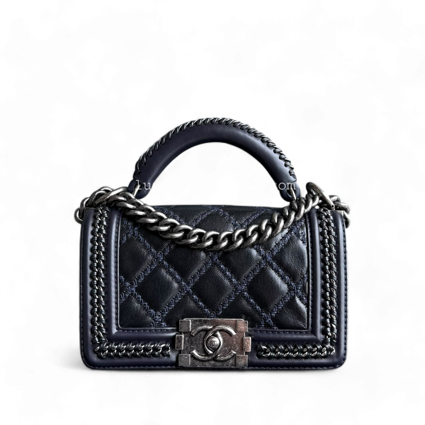 Chanel Boy Handle - 20CM Calfskin Chain Around Blue Silver Handbag
