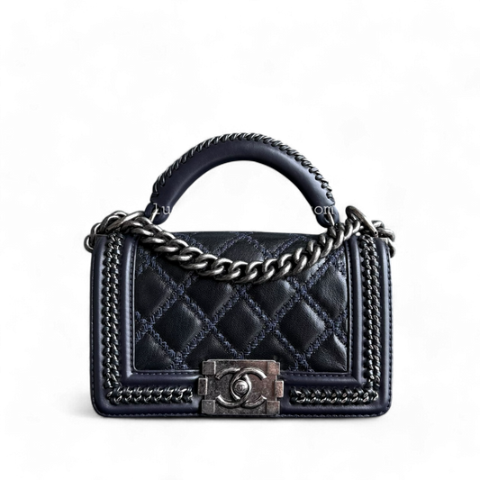 Chanel Boy Handle - 20CM Calfskin Chain Around Blue Silver Handbag