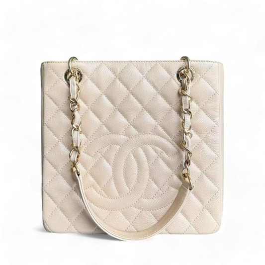 Chanel PST Petite Shopping Tote - Caviar Hardware Quilted Beige Tote Bag