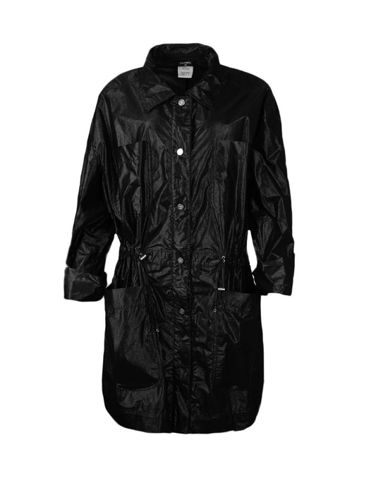 Chanel Black Shiny Snap Jacket with Elastic Cinched Waist sz
