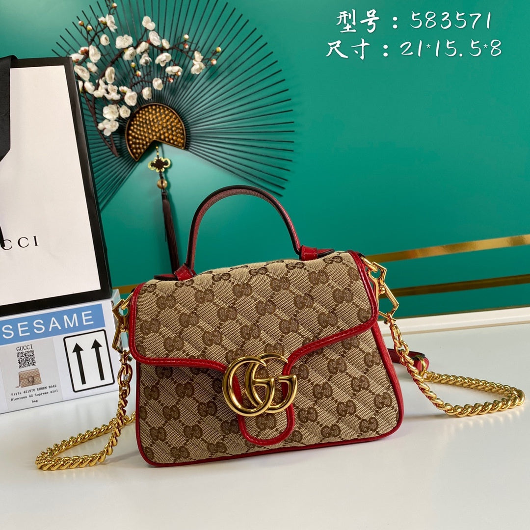 gg Ladies gg Marmont Top Canvas Beige Red Mini Bag