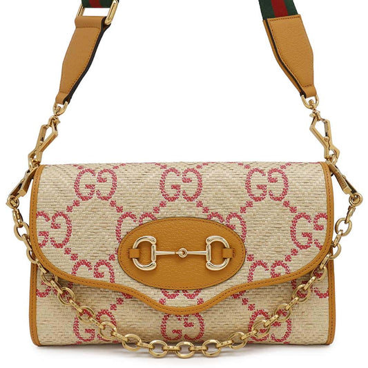 Gucci Horsebit Yellow677286 Leather Raffia Beige Shoulder Bag