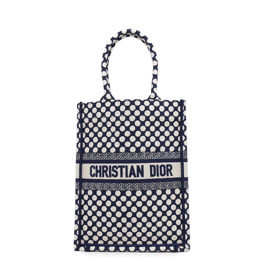 Dior Handbag ?Vertical Book Tote Dot Canvas White Navy Tote Bag