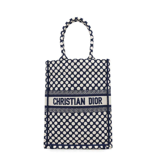 Dior Handbag ?Vertical Book Tote Dot Canvas White Navy Tote Bag