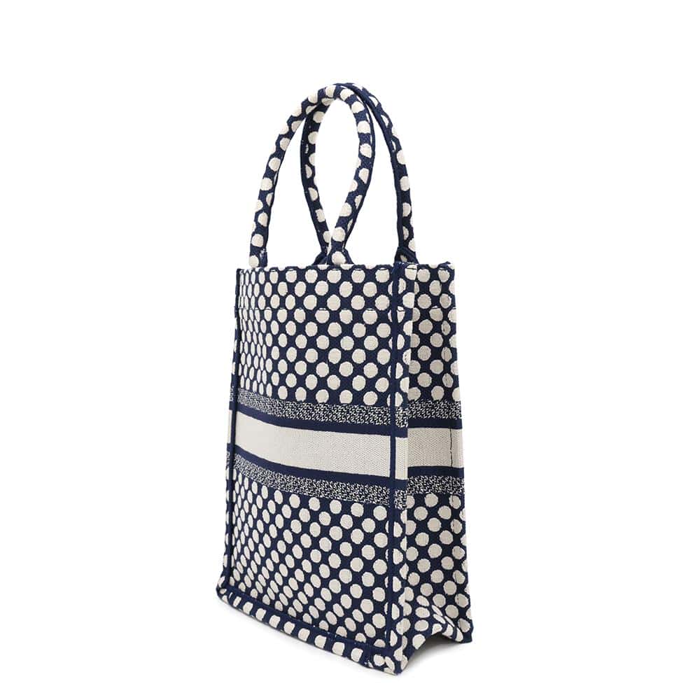 Dior Vertical Book Tote Dot Navy Handbag Canvas White Tote Bag