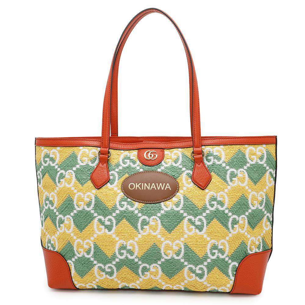 Gucci GG Pattern OKINAWA Yellow Orange631685 Leather Raffia Green Tote Bag