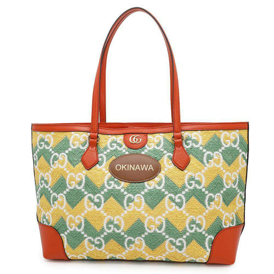 Gucci GG Pattern OKINAWA Yellow Orange631685 Leather Raffia Green Tote Bag