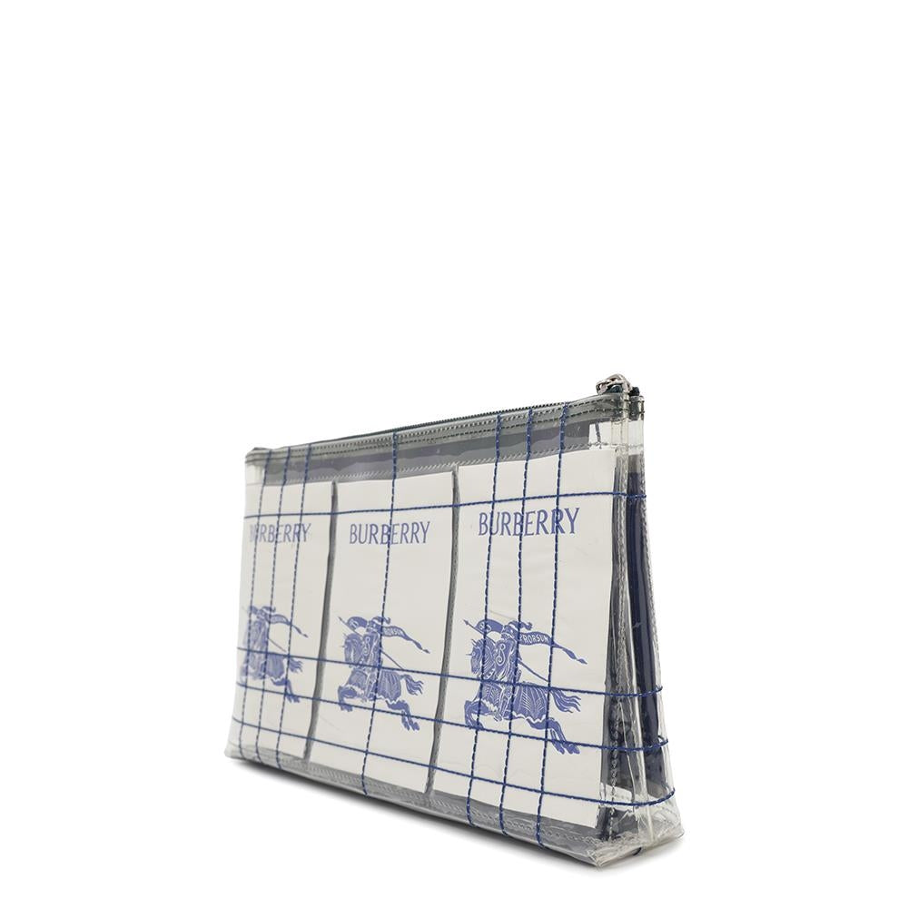 Burberry Ekd Label Pouch Transparent Plastics Handbag Canvas White Travel Bag