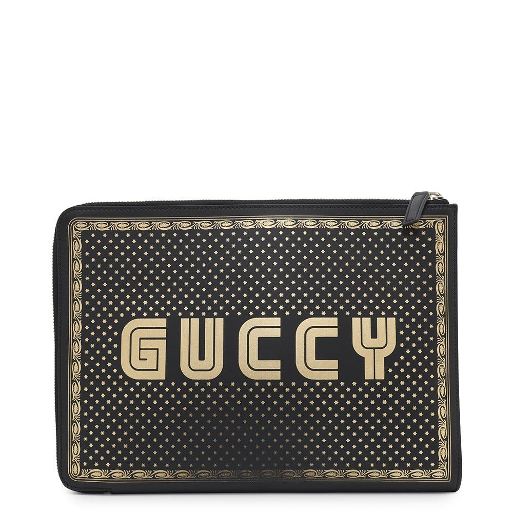 Gucci Sega collaboration GUCCY Leather Black Logo Clutch Bag