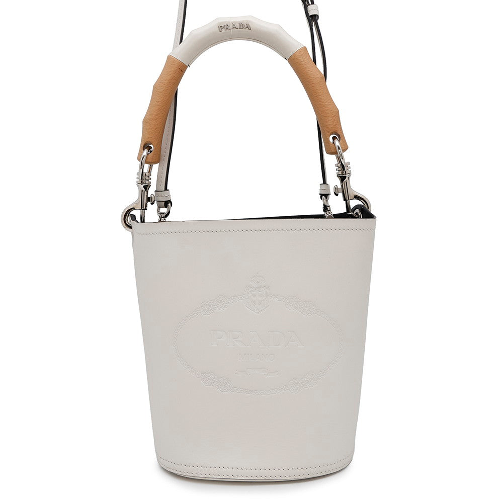 Prada ?Tambour White1BE048 Wood Leather Bucket Bucket Bag