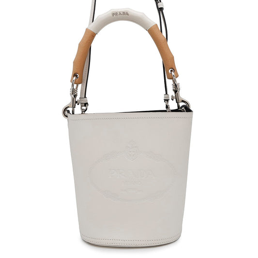 Prada ?Tambour White1BE048 Wood Leather Bucket Bucket Bag